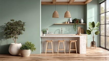 Minimalist Scandinavian Kitchen with Natural Wood and Sage Green Accents
