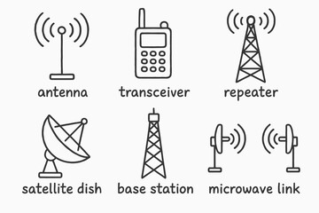 Communication equipment icons: antenna, transceiver, repeater, satellite dish, base station, microwave link