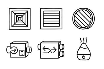 Six black and white hvac symbols including diffusers, vents, and humidifier