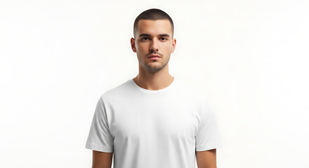 Fototapeta premium Young man with a confident smile wearing a white t-shirt and jeans standing against a white background