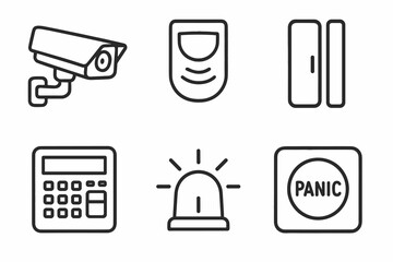 Home security system icons: camera, detector, alarm, and panic button