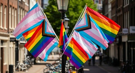 Colorful LGBTQ+ and transgender flags displayed proudly on a street pole, symbolizing diversity, inclusion, and pride during a sunny day in a vibrant urban neighborhood.