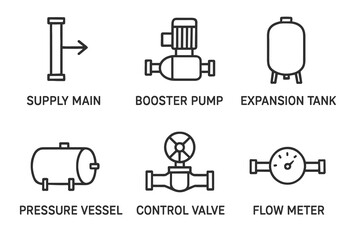 Plumbing and hydraulics icons: supply main, booster pump, expansion tank, pressure vessel