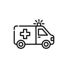 Simple line art icon of an ambulance with a medical cross and flashing lights