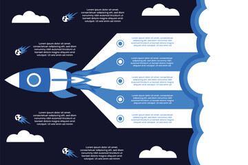 rocket startup infographic vector with timeline arrows and icons on dark background