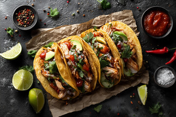 Street food-style chicken tacos on parchment paper, vibrant ingredients and spices around,