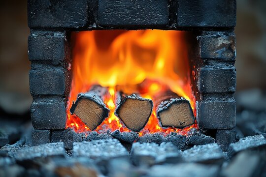 Close-up of burning firewood in a brick oven