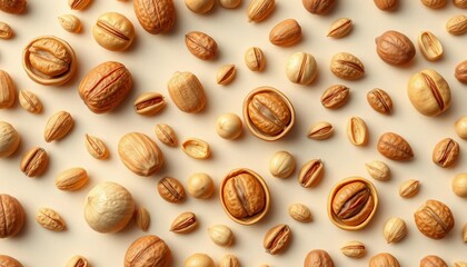 Seamless pattern of various nuts on a neutral background ,  illustration,  walnuts
