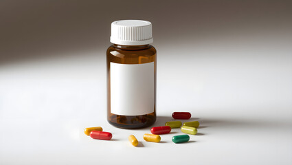 Medication Bottle with Pills: A brown medication bottle with a blank label, surrounded by assorted pills, offering a view of health and well-being.