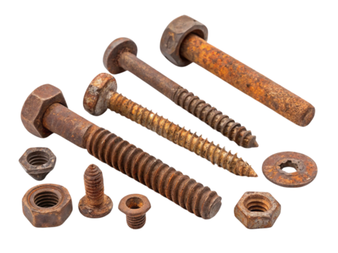 Many old rusty nuts isolated on a white background.