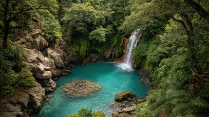 Fototapeta premium Aerial View of Waterfall in Costa Rican Rainforest with Tropical Birds and Morning Mist