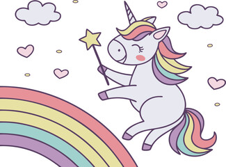 Adorable unicorn with star wand jumping over rainbow in dreamy sky with hearts
