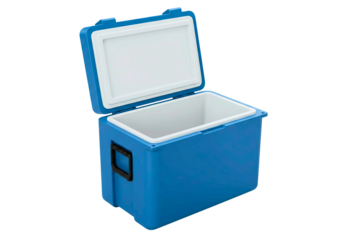 Open blue portable cooler box with handle isolated on transparent background