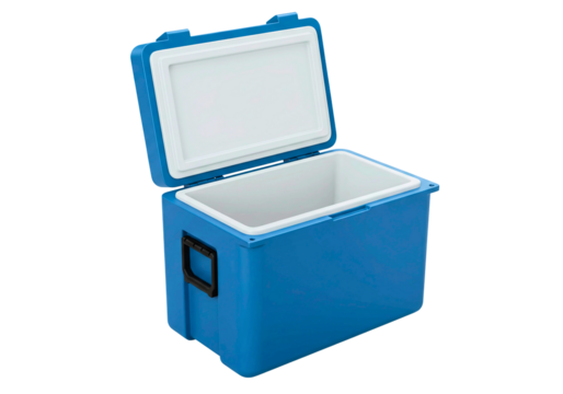 Open blue portable cooler box with handle isolated on transparent background