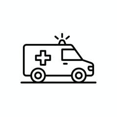 Simple black line art icon of an ambulance with a red cross symbol