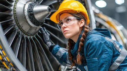 Female Engineer Inspecting Jet Engine Underneath Aircraft in Maintenance Hangar