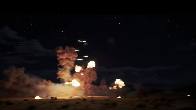 Night Strike Missiles Launching with Explosions Under Starry Sky.