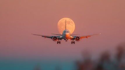 Commercial Airplane Silhouetted Against Full Moon at Twilight – Aerial Golden Hour Scene