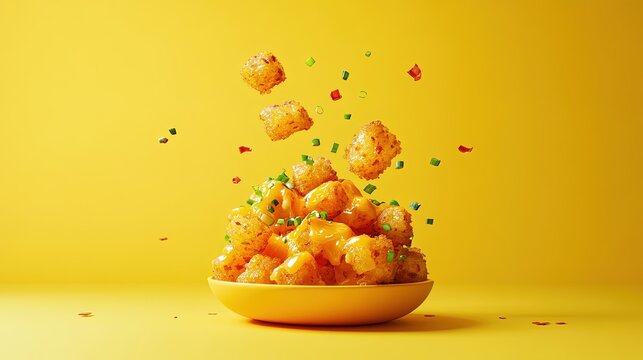 A stylized loaded tots appears suspended in time against a solid cheese yellow background. The crispy tater tots, melted cheese, and savory toppings are highlighted, with a sprinkle of green onions 