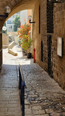 Jaffa, Israel - November 2024: A narrow, stone-paved street in the neighborhood