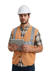 Construction Worker Holding Tablet on Isolated transparent background