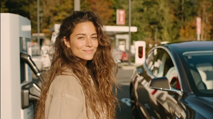 Fototapeta premium Woman Charging Electric Vehicle During Grocery Run in Suburban Parking Lot