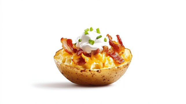 A stylized loaded potato skins appears suspended in time against a solid sour cream white background. The crispy potato skins, melted cheese, and crispy bacon are highlighted, with a dollop of sour 