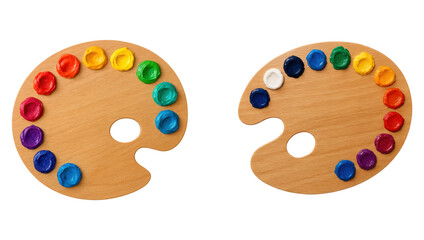 Vibrant Wooden Palette Featuring a Spectrum of Paint Colors for Artistic Expression and Creativity, Isolated on Transparent and White Background