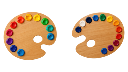 Vibrant Wooden Palette Featuring a Spectrum of Paint Colors for Artistic Expression and Creativity, Isolated on Transparent and White Background