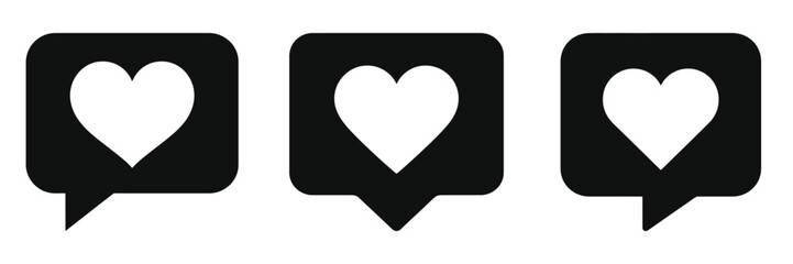 Respect – speech bubble with heart, This image features three simple, black speech bubbles, each containing a white heart shape.