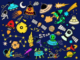 abstract illustration space solar system moon astronaut planet rocket earth cosmonaut comet universe orbit technology hand drawn comic