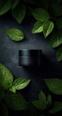 Black cosmetic jar surrounded by fresh green leaves on dark background