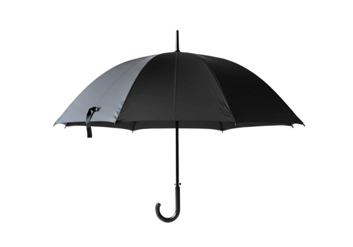 Classic black umbrella with a curved handle isolated on transparent background