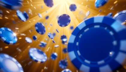 Blue Casino Chips Falling in a Dynamic and Bright Scene