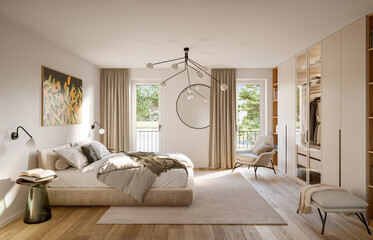 3D Rendering of a modern bedroom interior with a wardrobe.