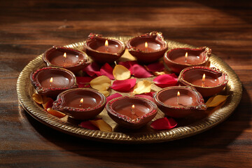 Multiple small clay diyas arranged in a circular pattern on a vintage brass tray, scattered rose petals and mango leaves between them, placed on a polished wooden table, rich festive texture