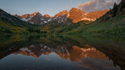 Naklejka premium Reflections at Maroon Bells lake sunrise