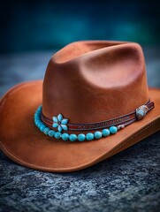 Detailed close-up of a brown leather cowboy hat with turquoise embellishments
