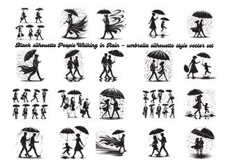 Rainy Day Silhouettes of Businessmen and Women Holding Umbrellas Vector Design