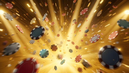 Colorful Casino Chips Falling in a Dramatic Burst of Light