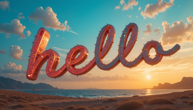 A vibrant "hello" balloon floats over a tranquil beach at sunset.