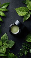 Dark jar of light green cream surrounded by fresh leaves on dark surface