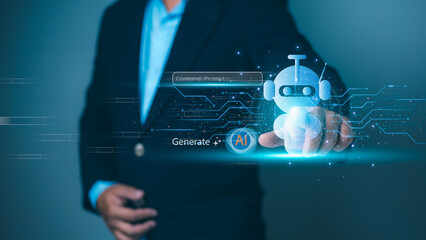 Person interacting with a glowing robot, AI integration, automation, future technology, artificial intelligence development. Machine learning, digital transformation, smart business solutions.