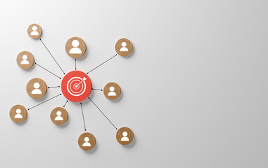 Central red target icon connected by lines to multiple wooden human avatar icon, Customer segmentation, target marketing, audience focus, strategic business outreach for client acquisition.