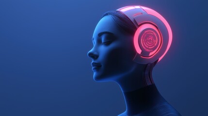 Obraz premium A futuristic female cyborg with glowing pink headphones, eyes closed, immersed in a serene and high-tech digital environment, AI dating application