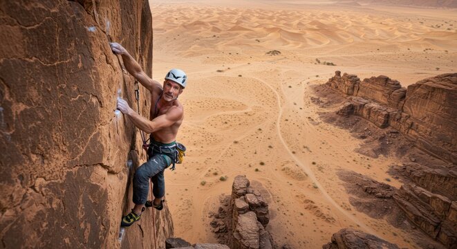 Male Rock Climber Shirtless Wearing Helmet Climbing Steep Red Cliff in Desert Landscape