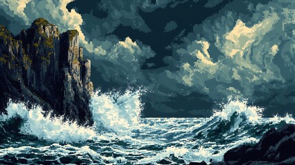 Dramatic Coastal Symphony: Witness the untamed power of the ocean as waves crash against rugged cliffs under a dramatic sky, a symphony of nature's raw energy.