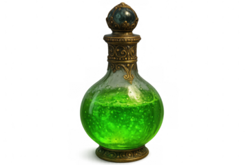 Glowing emerald liquid inside ornate glass bottle, radiating mystical ambiance against transparent backdrop