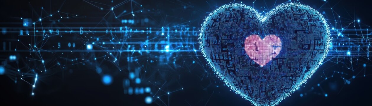 Digital heart composed of glowing binary code and data points connected by futuristic network lines on a dark background, AI dating application