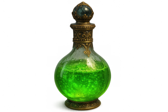 Glowing emerald liquid inside ornate glass bottle, radiating mystical ambiance against transparent backdrop